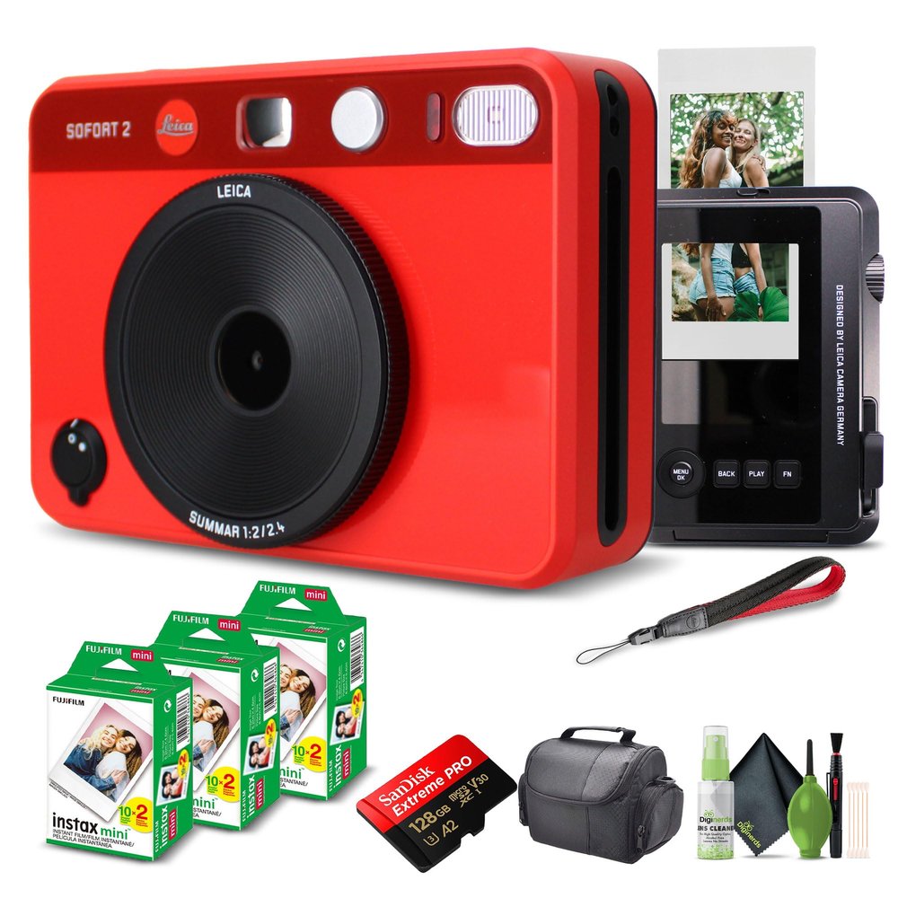 Leica Sofort 2 Hybrid Instant Photo Film and Digital Camera (Red) (19189) with LCD Display Bundle with Fujifilm Instant Film 60 Sheets + 128 GB Memory Card + Bag + Cleaning Kit