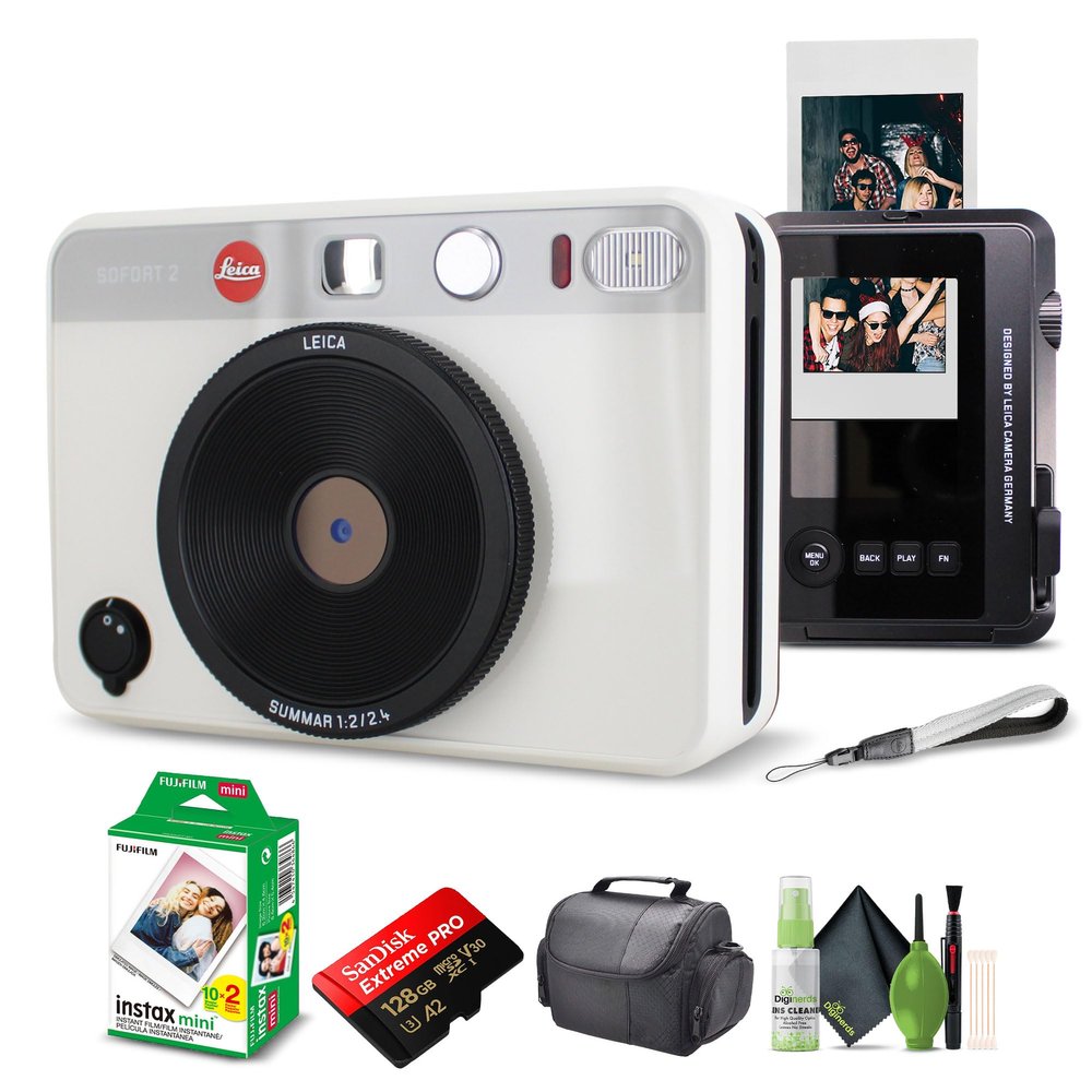 Leica Sofort 2 Hybrid Instant Photo Film and Digital Camera (White) (19188) with LCD Display Bundle with Fujifilm Instant Film 20 Sheets + 128 GB Memory Card + Bag + Cleaning Kit