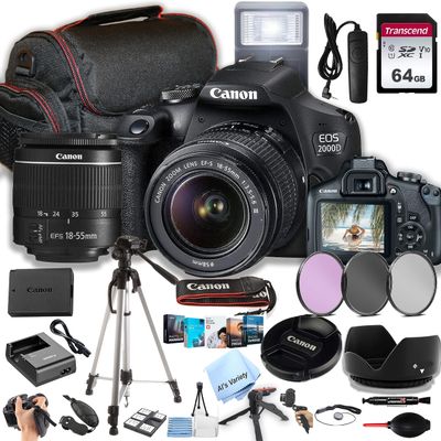 Canon EOS 2000D / Rebel T7 w/EF-S 18-55mm F/3.5-5.6 Zoom Lens + 64GB Memory, Filters,Case, Tripod, Flash, Remote, and More (35pc DSLR CameraBundle), Black (Renewed)