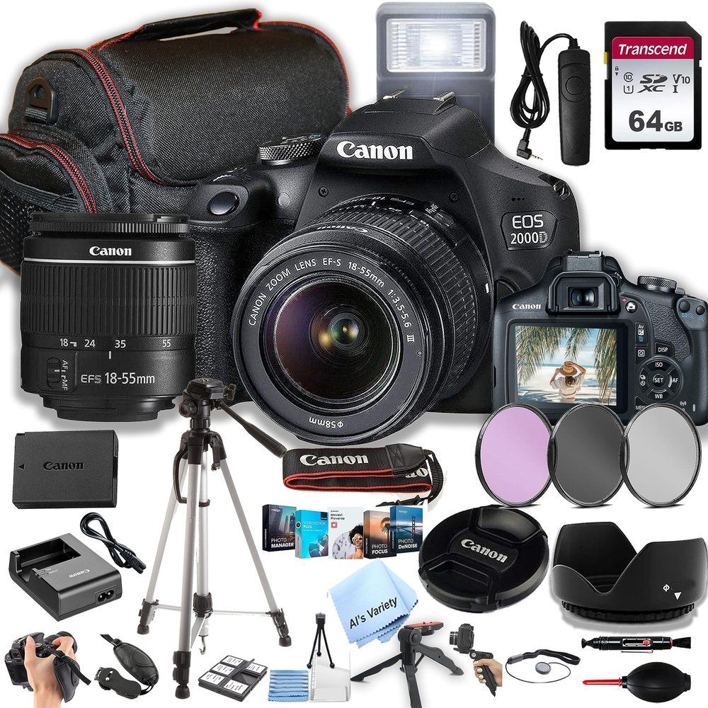 Canon EOS 2000D / Rebel T7 w/EF-S 18-55mm F/3.5-5.6 Zoom Lens + 64GB Memory, Filters,Case, Tripod, Flash, Remote, and More (35pc DSLR CameraBundle), Black (Renewed)