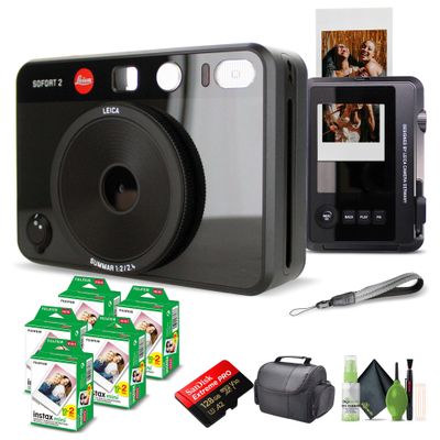 Leica Sofort 2 Hybrid Instant Photo Film and Digital Camera (Black) (19190) with LCD Display Bundle with Fujifilm Instant Film 100 Sheets + 128 GB Memory Card + Bag + Cleaning Kit