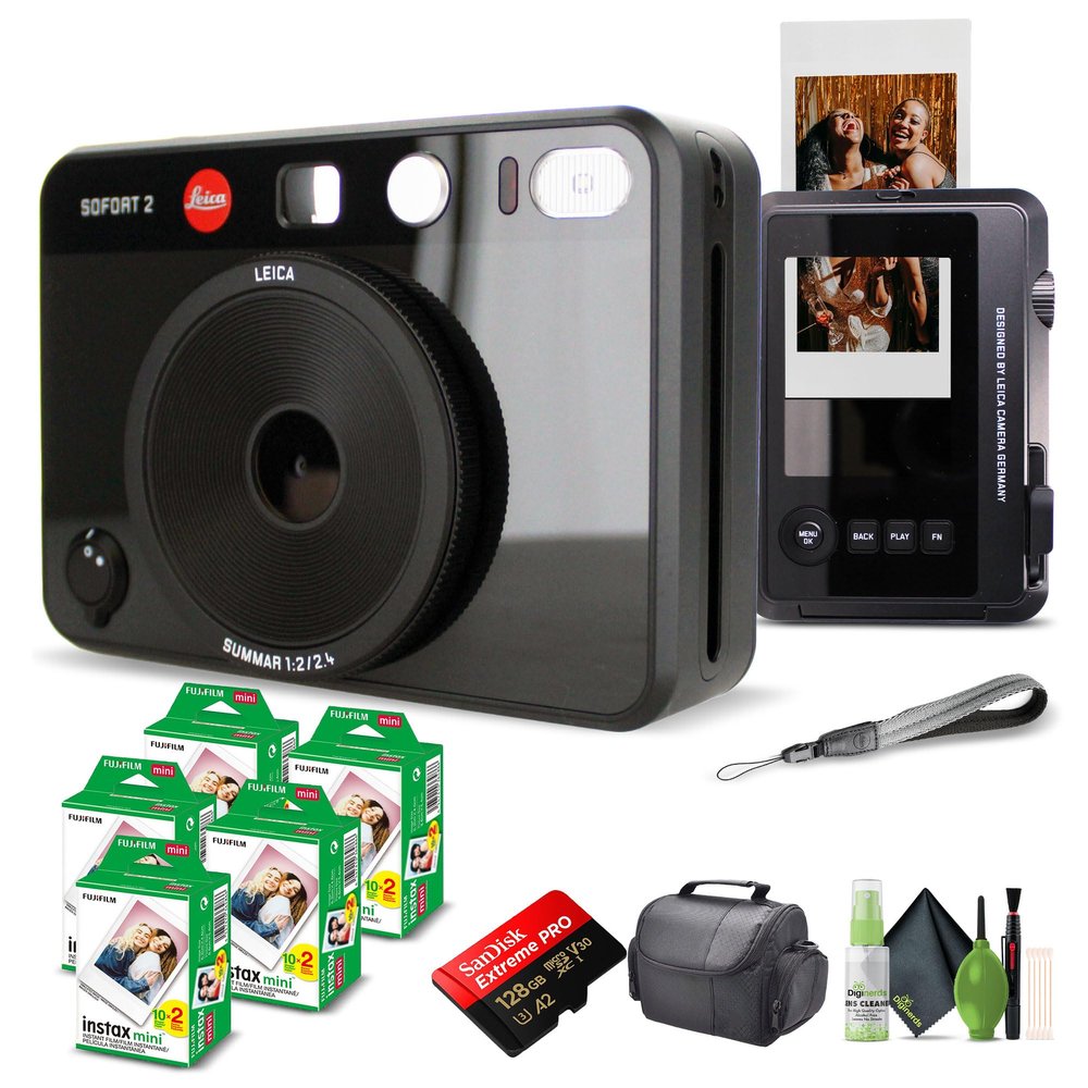 Leica Sofort 2 Hybrid Instant Photo Film and Digital Camera (Black) (19190) with LCD Display Bundle with Fujifilm Instant Film 100 Sheets + 128 GB Memory Card + Bag + Cleaning Kit