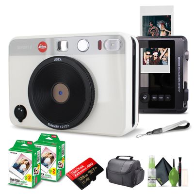 Leica Sofort 2 Hybrid Instant Photo Film and Digital Camera (White) (19188) with LCD Display Bundle with Fujifilm Instant Film 40 Sheets + 128 GB Memory Card + Bag + Cleaning Kit