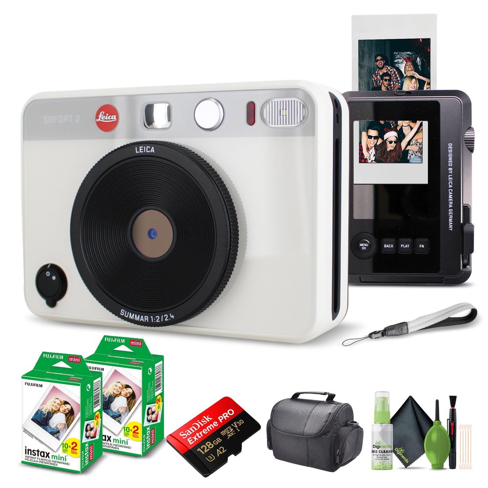 Leica Sofort 2 Hybrid Instant Photo Film and Digital Camera (White) (19188) with LCD Display Bundle with Fujifilm Instant Film 40 Sheets + 128 GB Memory Card + Bag + Cleaning Kit