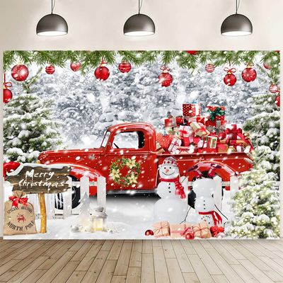 10x6.5ft Christmas Red Truck Backdrop Merry Christmas Winter Snowman Xmas Trees Photography Background Snow Pine Forest Gifts Snowflake Decorations Banner Family New Year Party Props Supplies