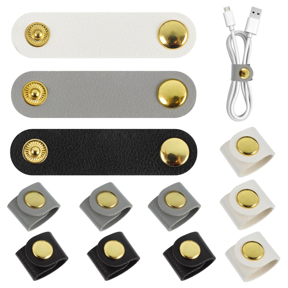12 Pcs Cord Organizer, Stocking Stuffers for Men Portable PU Leather Cord Holder Winder Keeper Earphone Cable Cord USB Straps Earphone Winder with Leather Handmade(Black/White/Grey)