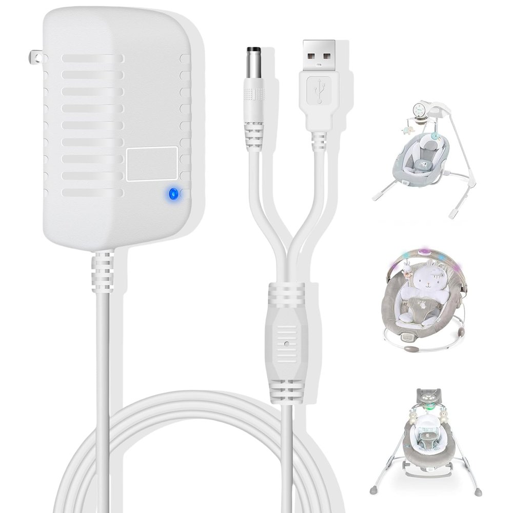 Charger for Ingenuity Baby Swing,Replacement Power Cord for Baby Rocker,2-in-1 Compact Portable Chargers Compatible with InLighten,Simple Comfort,ConvertMe,Swing'n Go,Adapter Charger USB A &DC Plug