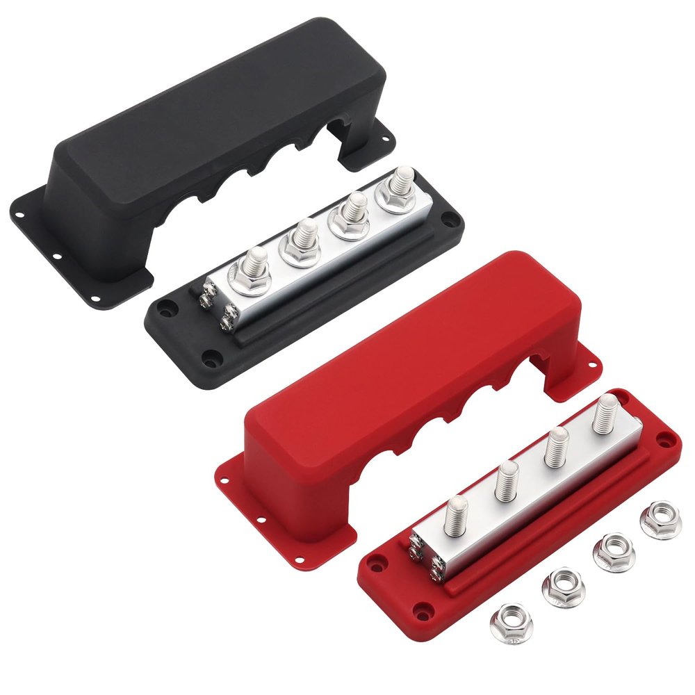 Ambuker 2Pcs 600A High Current Bus Bar 12-48V DC Heavy-Duty Copper Distribution Block 4 x M10 (3/8") Terminal Studs 8 Screws with Cover Battery Busbar Box for Automobiles Boat RV Truck (Black&Red)