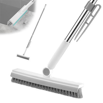 Floor Scrubbing Brush with 57" Adjustable Long Handle,3 in 1 Living Grout Brush with Squeegee,V-Shape Stiff Brush Bristle,Heavy Duty Bathroom Cleaning Brush for Tile,Deck,Patio,Wall,Garage,Kitchen