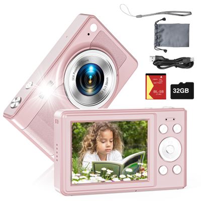Upgrade Kids Digital Camera - 56MP FHD 1080P with 16x Zoom, Anti-Shake, 32GB TF Card, Two Batteries, Lanyard - Compact Small Camera for Kids (Pink)