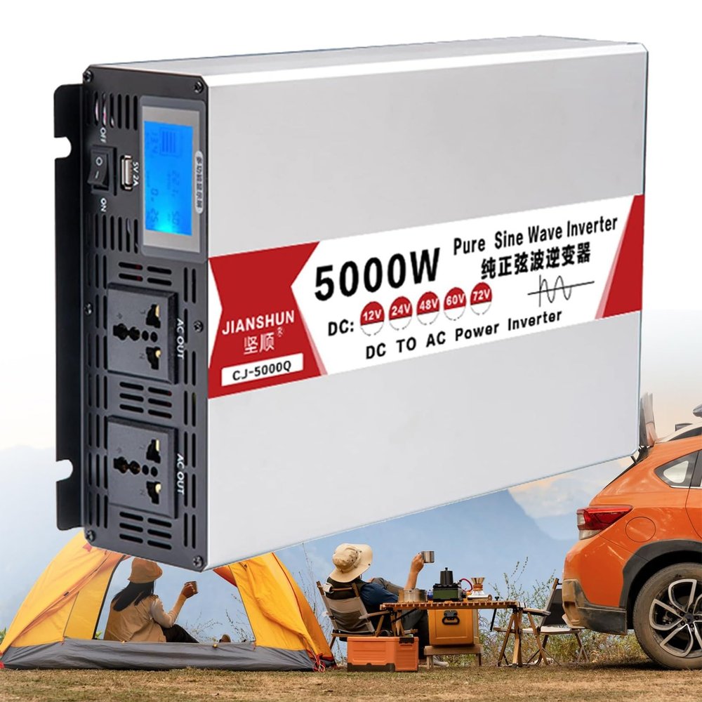 4000W/5000W/6000W/8000W Pure sine Wave Power Inverter DC 12V/24V/48V/60V/72V to AC 110V-130V /220V 230V 240V Car Converter Power Inverter,with LCD Display AC Outlets,for use,Camping(5000W,12Vto220V)