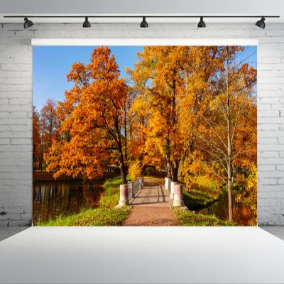 CHNYWORK 15ftx10ft Autumn Scenery Backdrop Alexander Park Lake Bridge Yellow Leaves Russia Park Fall Scenery Background Autumn Fall Party Decoration Banner Baby Shower Photo Studio Props Wallpaper