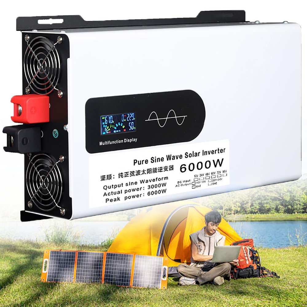 5000W 6000W 8000W Peak Pure Sine Wave Power Inverter 12V 24V 48V 60V 72V DC to 110V 220V 230V AC Car Plug Adapter Converter with LCD Display AC Outlets Car Charger for Road Trip Camping(6000W,48Vto110