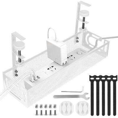 Under Desk Cable Management Tray, Cable Management Under Desk No Drill, Wire Management Tray with Clamp, Cord Organizer for Home Office, White