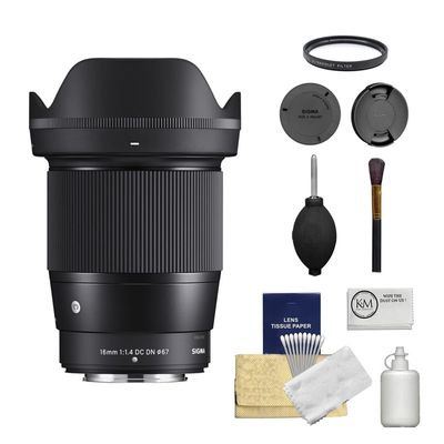 Sigma 16mm f/1.4 DC DN Contemporary Lens for FUJIFILM X Bundled with UV Filter + Cleaning Kit + Cleaning Cloth (4 Items)