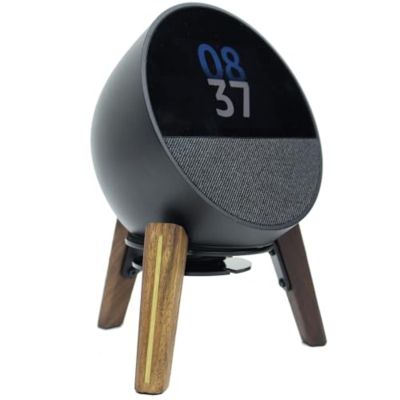Alloery Universal Desktop Speaker Mount Stand Suitable for Echo Spot (2024 Release),Dot Max (Newest Model),Pop,Dot 5th, Home Pod Mini and All Suitable Sized Speakers (Black Walnut with Metal Strip)