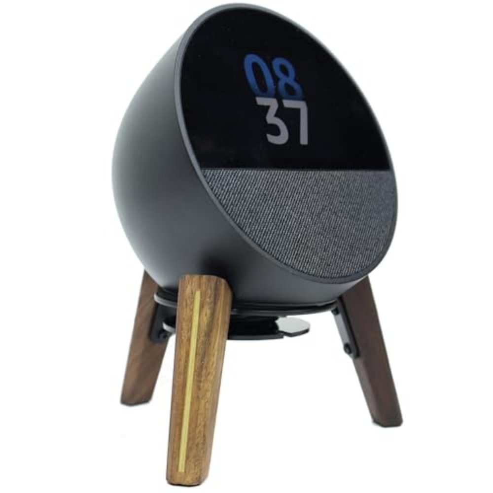 Alloery Universal Desktop Speaker Mount Stand Suitable for Echo Spot (2024 Release),Dot Max (Newest Model),Pop,Dot 5th, Home Pod Mini and All Suitable Sized Speakers (Black Walnut with Metal Strip)