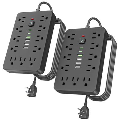 JouleLoom 2PCS 6 FT Flat Plug Surge Protector Power Strip,11 Multiple AC Outlets with 6 USB Ports (2 USB C), 6 Feet Extension Cord, 1250W/10A, One Touch Switch Button, 17 in 1 Compact powerstrip