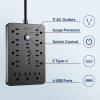JouleLoom 2PCS 6 FT Flat Plug Surge Protector Power Strip,11 Multiple AC Outlets with 6 USB Ports (2 USB C), 6 Feet Extension Cord, 1250W/10A, One Touch Switch Button, 17 in 1 Compact powerstrip view 3