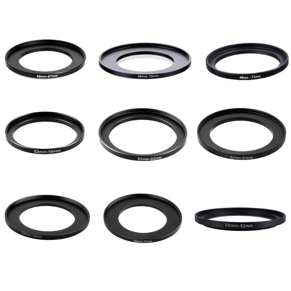 50pcs 49-67 49-72 49-77 52-58 52-62 52-67 52-72 52-77 55-62 46-48mm Metal Step Up Rings Lens Adapter Filter Set(52-72mm)