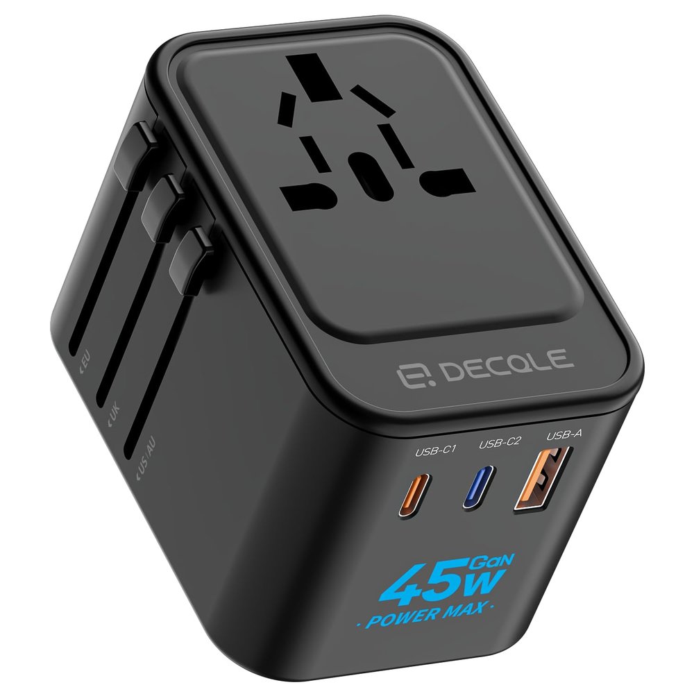 decqle Universal Travel Adapter, 2 USB-C 1 USB-A, Cover 200+ Countries