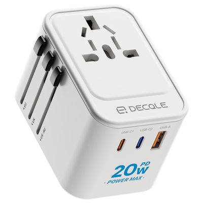 decqle Universal Travel Adapter, International Travel Plug Adapter with 2 USB-C(PD 20W)  1 USB-A Ports, All in One Portable Adaptor, for USA, UK, EU, AU  224+ Countries (White) US