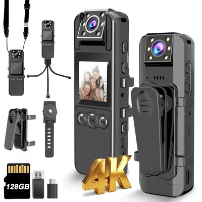 Body Camera with Audio and Video Recording, Ultra 4K Body Cam with 180 Rotating Lens, 6HR Battery, IR Cut Auto Night Vision, 128GB Body Worn Camcorder Personal Civilians Police Law Enforcement