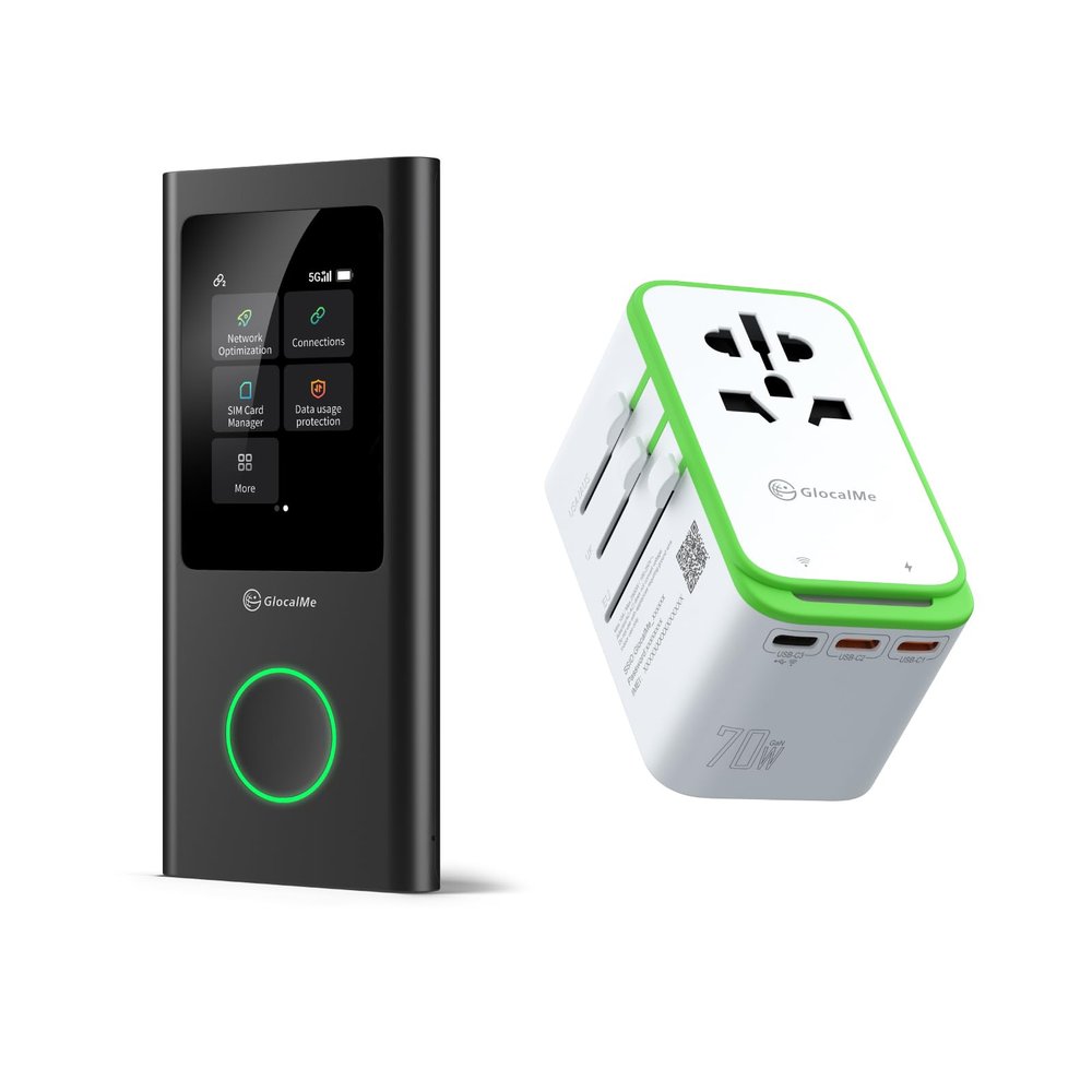 GlocalMe Numen Air 5G Portable WiFi Mobile Hotspot and RoamPlug Universal Travel Adapter with 4G WiFi Mobile Hotspot, All-in-One International Power Plug Adaptor, 4 USB Ports and Max 70W Output for US