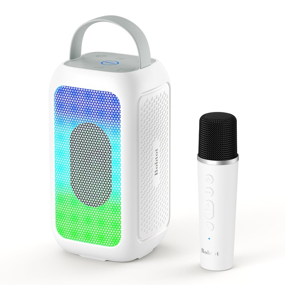 Bobtot Portable Bluetooth Speaker, 16H Playtime Wireless Speakers, Peak Singing Machine with Microphone, Magic Sound, Echo, EQ Mode (White, with 1 Mic)