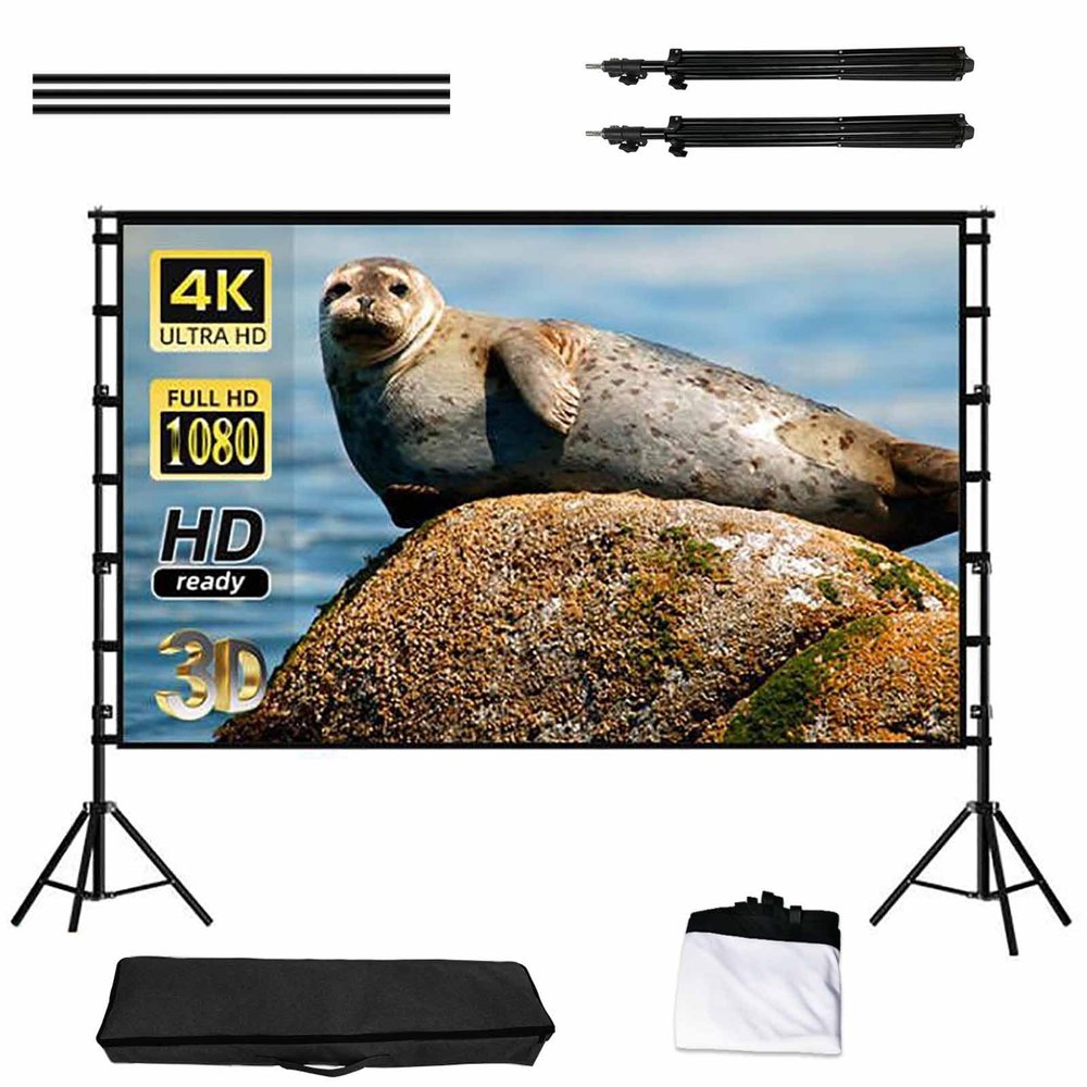 DKPLOE Portable Projector Screen with Stand, Projection Screen Outdoor with Carry Bag Wrinkle-Free Design for Home Theater Backyard Cinema(150inch)