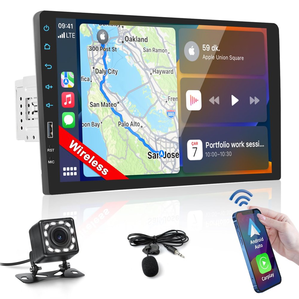 Inefala 9" Wireless Carplay Car Stereo Single Din Touchscreen Radio Android Auto, Mirror Link, Bluetooth, FM, EQ, SWC, Car Audio Receiver Support USB Phone Charging DVR, with Backup Camera Mic