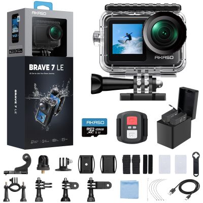 AKASO Brave 7 LE 4K30fps Action Camera with 128GB MicroSDXC U3 Memory Card Accessories Kit Bundle Ultra HD 131FT Waterproof Camera EIS 2.0 WiFi Remote Control Zoom Underwater Camera