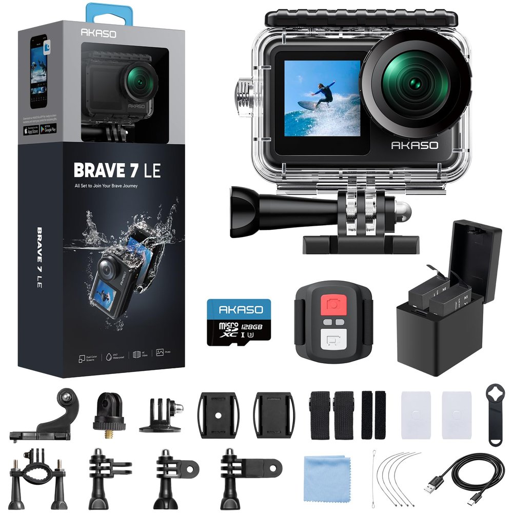 AKASO Brave 7 LE 4K30fps Action Camera with 128GB MicroSDXC U3 Memory Card Accessories Kit Bundle Ultra HD 131FT Waterproof Camera EIS 2.0 WiFi Remote Control Zoom Underwater Camera