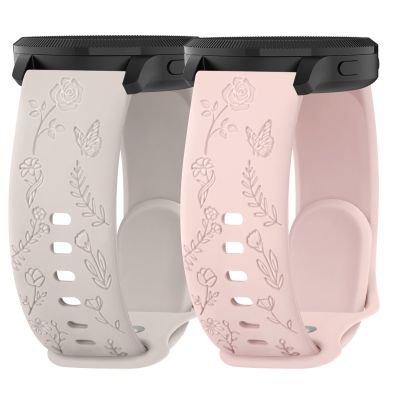 2 Pack Rose Floral Butterfly Engraved Bands for Garmin Vivoactive 5/3/3 Music/Venu/Venu 2 Plus/sq/sq 2/Forerunner 245/645/55 Silicone Elegant Replacement Women Wristbands, Light Pink/Starlight