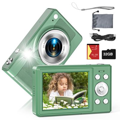 Upgrade Kids Digital Camera - 56MP FHD 1080P with 16x Zoom, Anti Shake, 32GB TF Card, Two Batteries, Lanyard (Green)
