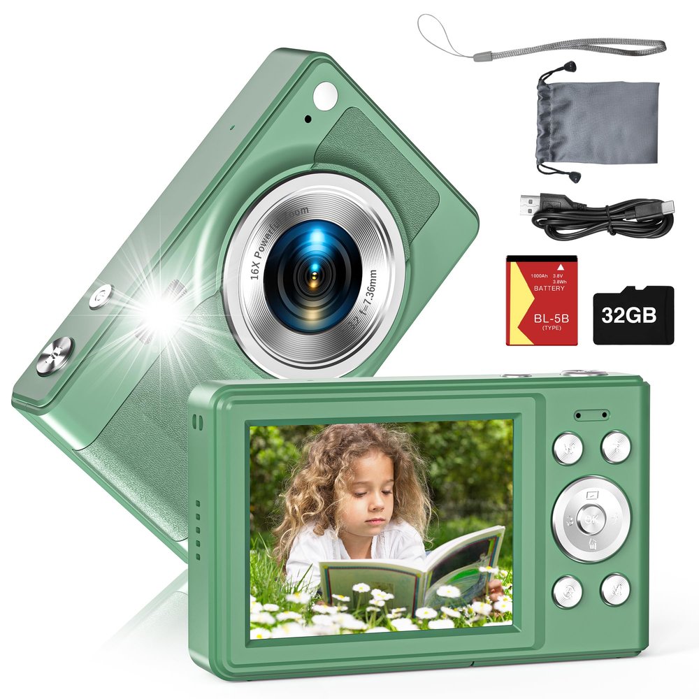 Upgrade Kids Digital Camera - 56MP FHD 1080P with 16x Zoom, Anti Shake, 32GB TF Card, Two Batteries, Lanyard (Green)