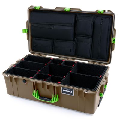Pelican Air 1615 Case by ColorCase - Dark Desert Dirt - Large Size Waterproof Case TrekPak Divider Kit & Computer Pouch Lid Organizer - Lime Green Handles & Latches