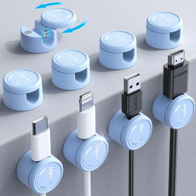 9 Pack Cord Organizer, Chfeila [360Rotating Twist-Lock] Magnetic Cable Management Clips, Adhesive Phone Charging Keeper Wire Cord Holder for Nightstand/Car/Wall, Office Desk Accessories Decor (Blue)