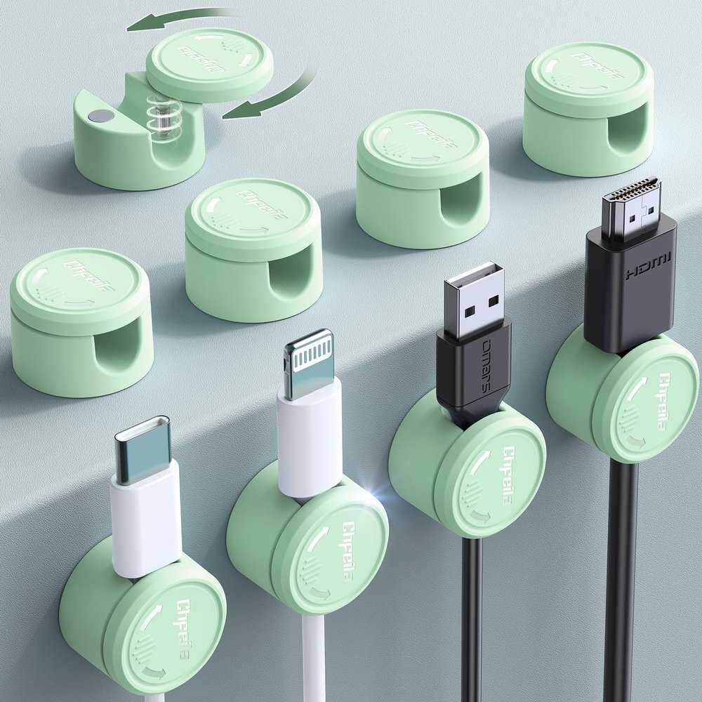 9 Pack Magnetic Cable Clips - Chfeila [Upgraded Twist-Lock] Cord Organizer, [360Rotating Lid] Cable Management, Adhesive Wire Holder for Home Office Desk Desktop Nightstand Car Table Wall (Green)