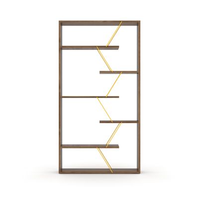 leoglint Furnish Home Store Wood Frame Etagere Open Back 6 Shelves Bookcase Industrial Bookshelf for Office and Living Rooms Modern Bookcases Large Bookshelf Organizer, Walnut/Yellow