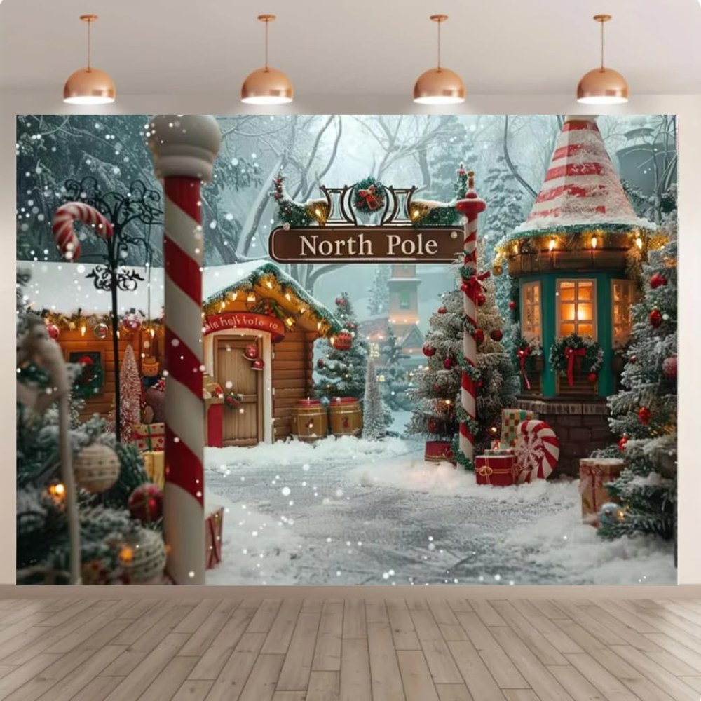10x8ft Christmas Photography Backgrounds North Pole Shop Cane Candy Fairytale Backdrop Children Winter Outdoor Photography Party Banner
