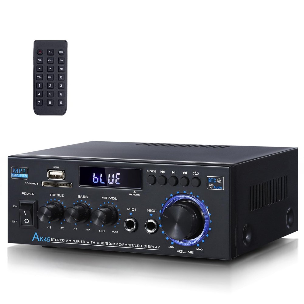 AK45 Stereo Receivers Amplifier Home Audio with Bluetooth, 300W, 2.0 Channel Power Amplifier for Home Stereo Syetem with RCA,SD,FM,USB, MIC in,Bluetooth Receiver for Karaoke,Studio