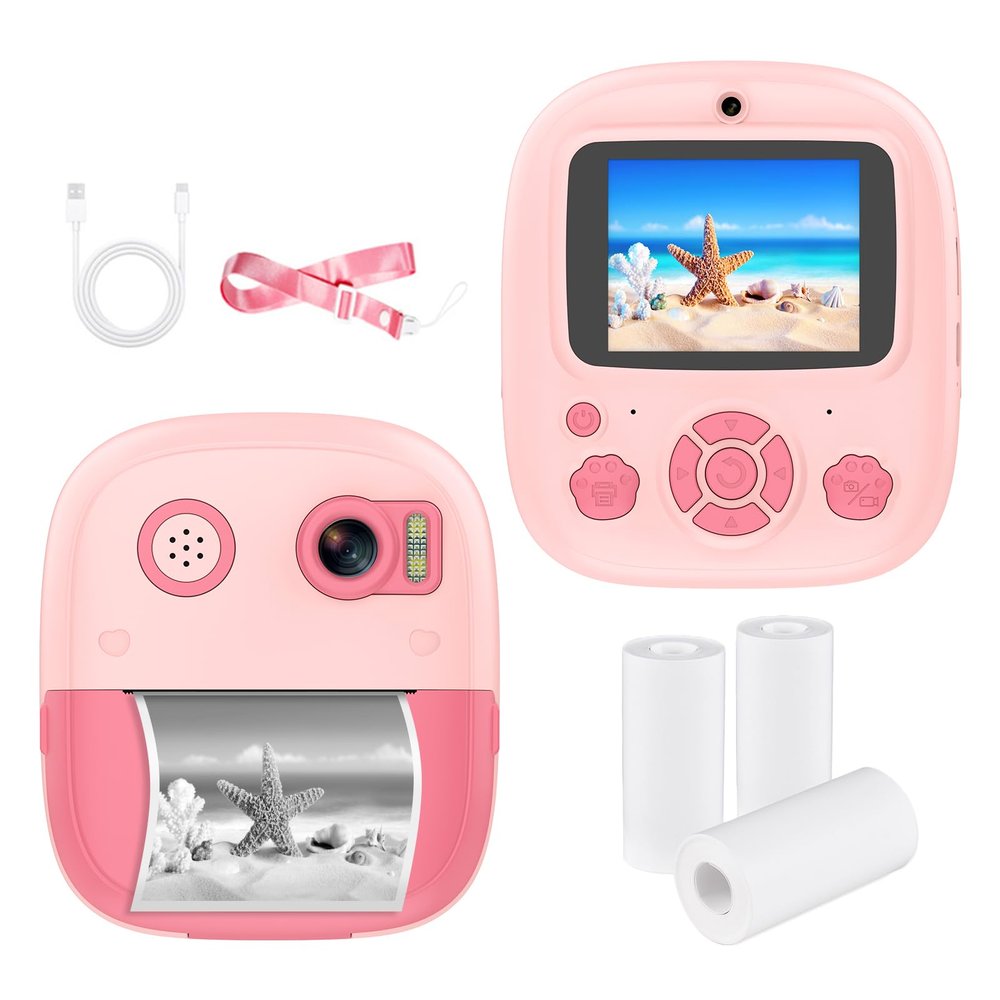 Andoer Kids Instant Print Camera Digital Camera 1080P Dual Lens 2.4 Inch IPS Screen 8X Zoom Photo Frames with 3 Rolls Thermal Printing Paper Neck Strap Birthday Festival Gift for Children Boys Girls
