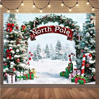 10x8ft Christmas Photography Backdrops North Pole Winter Pine Trees Candy Snowy Landscape Children Portrait Photography Photo Booth Banner