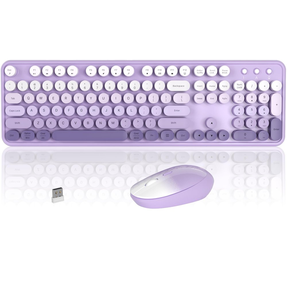 Colorful Wireless Keyboard and Mouse Combo, COVEVA 2.4GHz Wireless Retro Cute Round Keycaps Keyboard, 104 Keys Full-Sized Keyboard Mouse Set with Switch Button for PC Laptop Desktop (Purple Gradient)