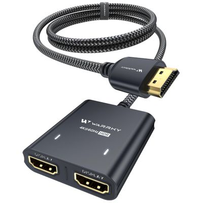 WARRKY HDMI Splitter 4K, 1x2 HDMI Display Duplicate/Mirror, HDMI Splitter 1 in 2 Out [Metal Shell, 3.3 Ft Braided HDMI Cable, LED Indicators], USB-C Powered Splitter, Black-4K@60Hz HDR