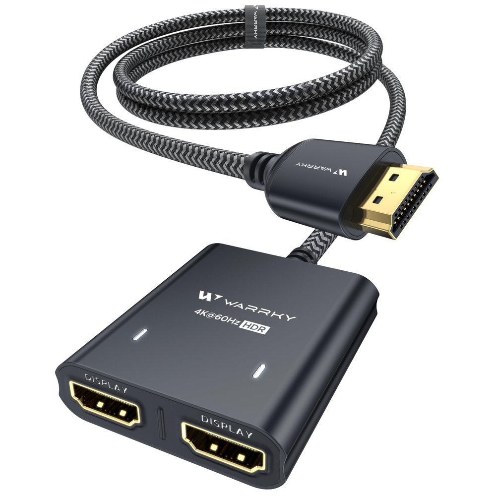 WARRKY HDMI Splitter 4K, 1x2 HDMI Display Duplicate/Mirror, HDMI Splitter 1 in 2 Out [Metal Shell, 3.3 Ft Braided HDMI Cable, LED Indicators], USB-C Powered Splitter, Black-4K@60Hz HDR