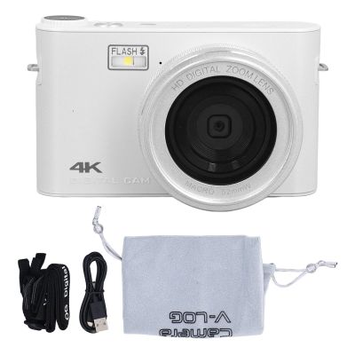 Digital Camera, 4K 30fps 64MP 18X Zoom Auto Focus Camera with 3 Touchscreen, Point Shoot Camera with Flash, Compact Small Camera for Boys Girls Student Teen (White)