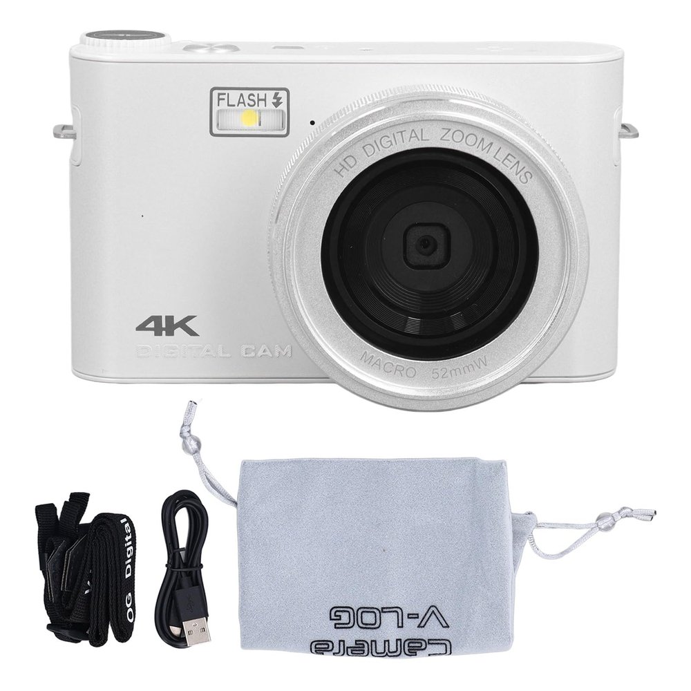 Digital Camera, 4K 30fps 64MP 18X Zoom Auto Focus Camera with 3 Touchscreen, Point Shoot Camera with Flash, Compact Small Camera for Boys Girls Student Teen (White)