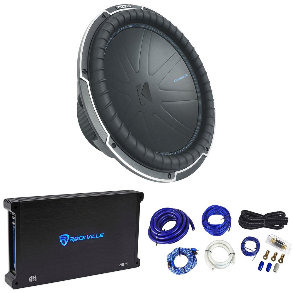 Audiosavings Bundle: Kicker 51CWQ154 COMP Q 15" 1200 Watt Car Audio Subwoofer Bundle with Rockville dB15 Mono Car Amplifier & Rockville RWK01 0 Gauge Wiring Installation Kit (3 Items)
